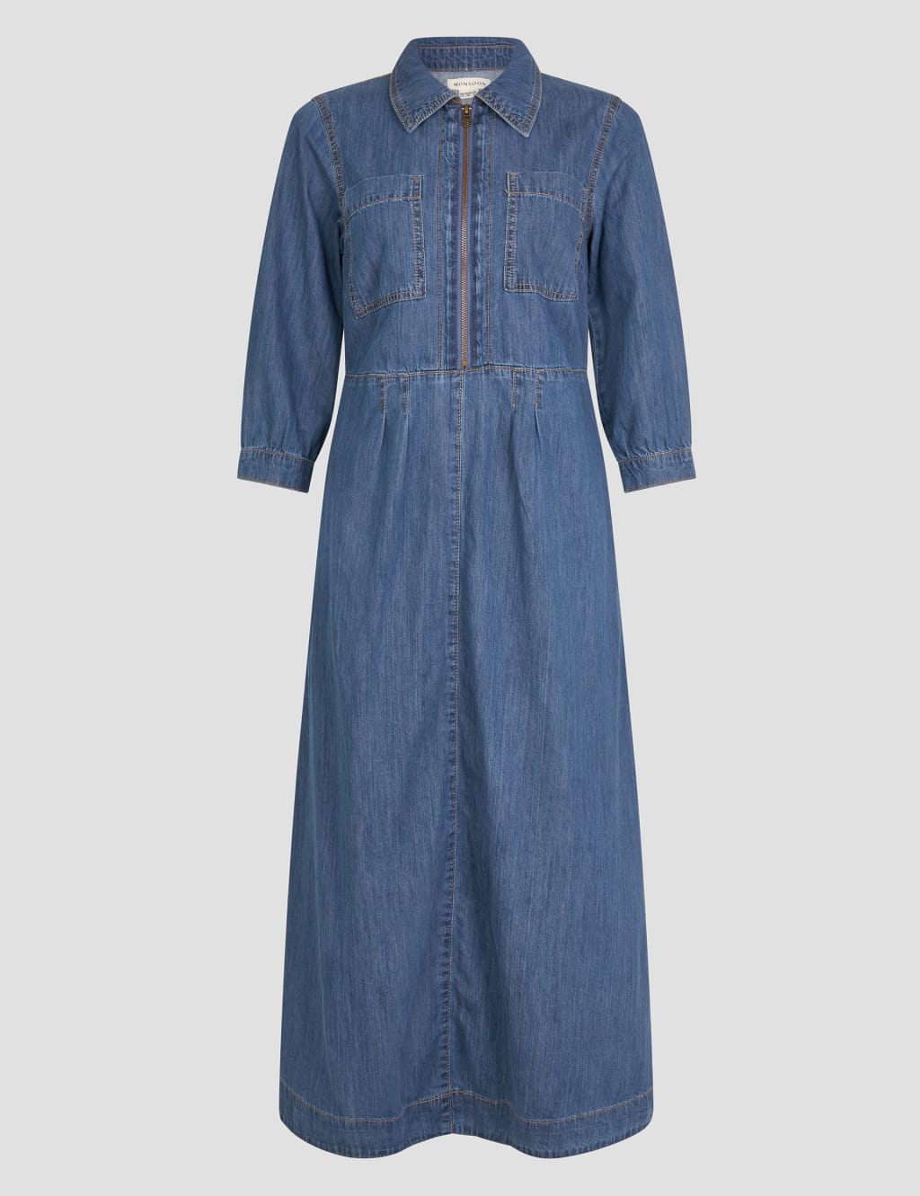Denim Zip Up Midi Shirt Dress 2 of 5