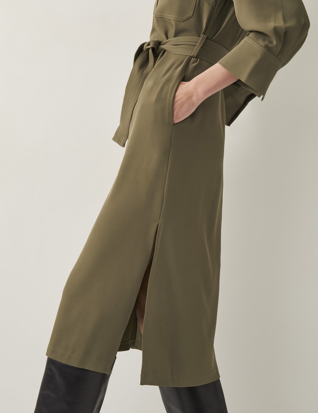 Collared Belted Midi Cargo Shirt Dress