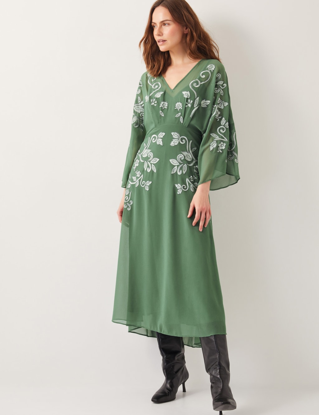 Embroidered V-Neck Midi Tea Dress 3 of 5