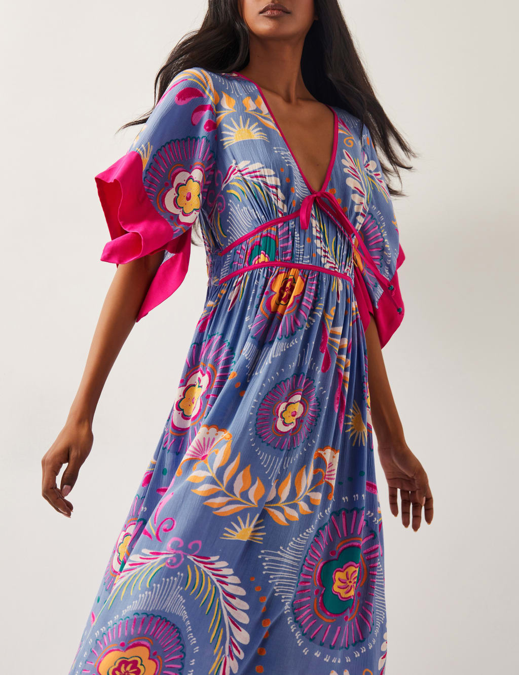 Floral V-Neck Shirred Midi Skater Dress 2 of 4