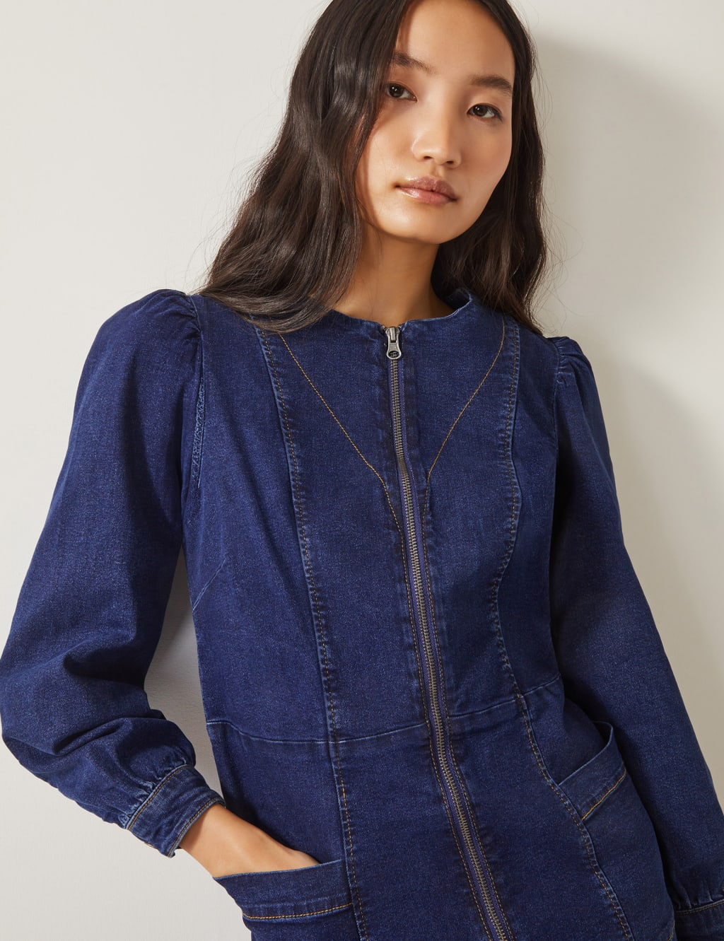 Denim Zip Up Knee Length Shift Dress 2 of 4