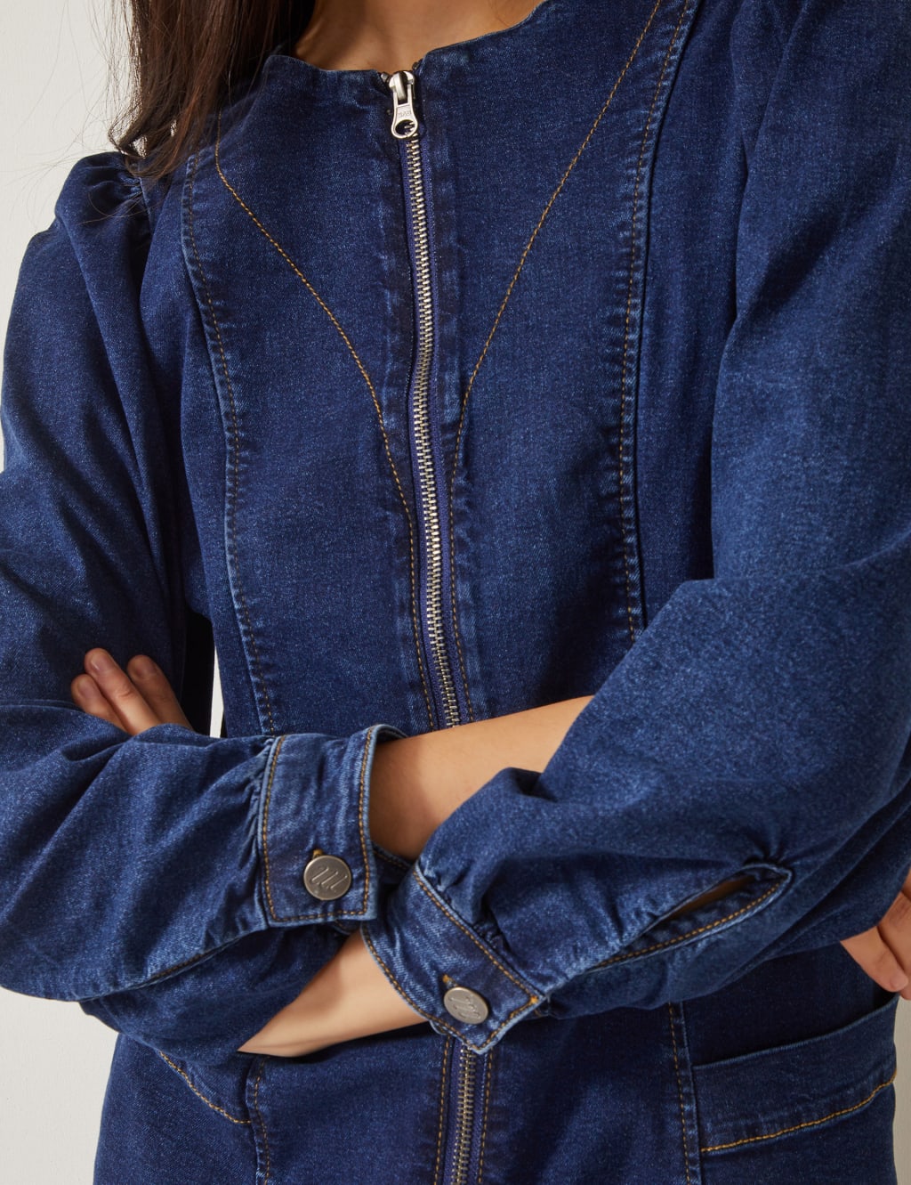 Denim Zip Up Knee Length Shift Dress 3 of 4