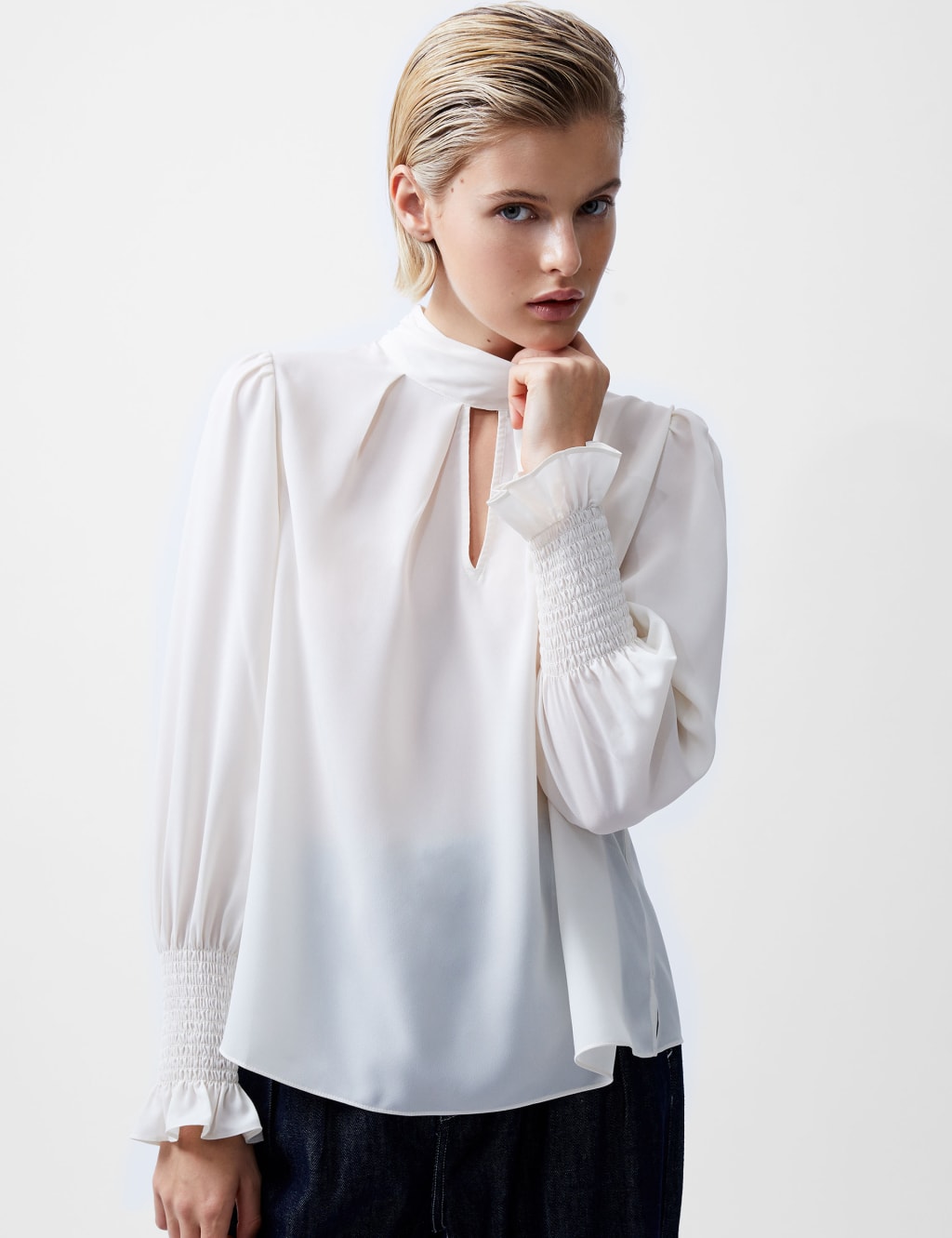 Crepe High Neck Shirred Detail Blouse 2 of 2