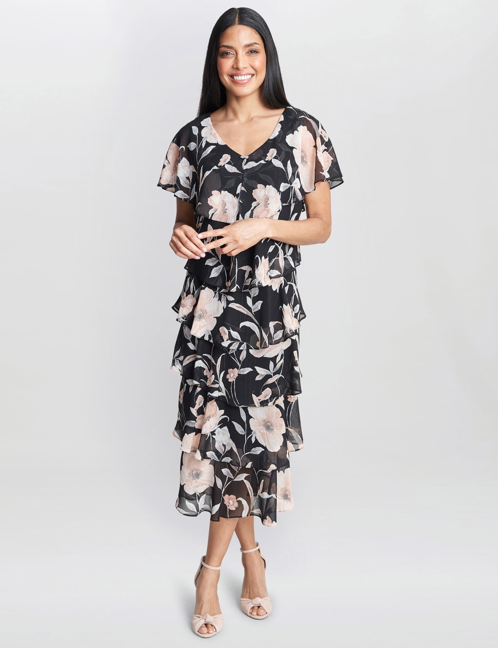 Floral V Neck Midi Tiered Dress Gina Bacconi M S