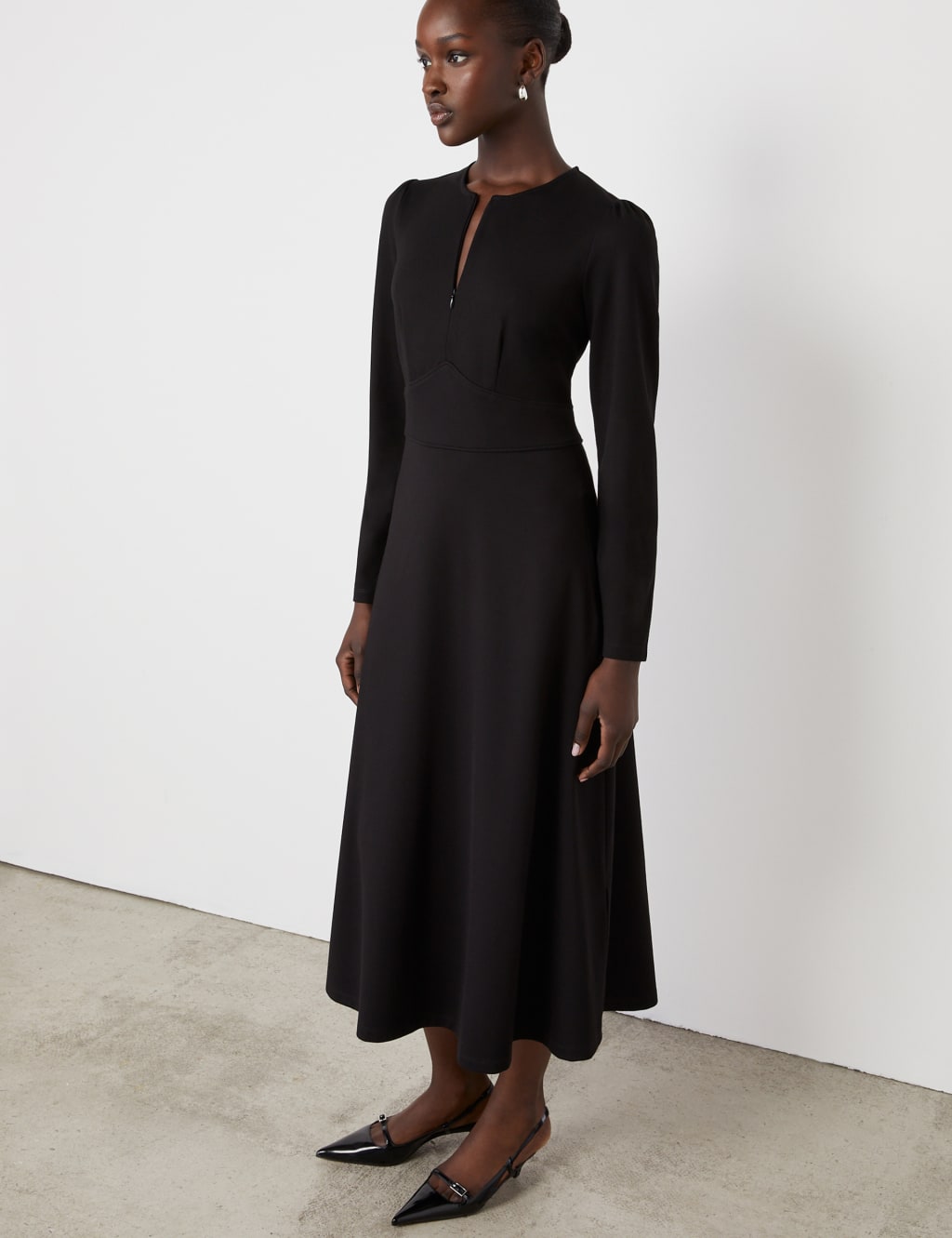 Ponte Jersey Zip Neck Midi Waisted Dress 2 of 4