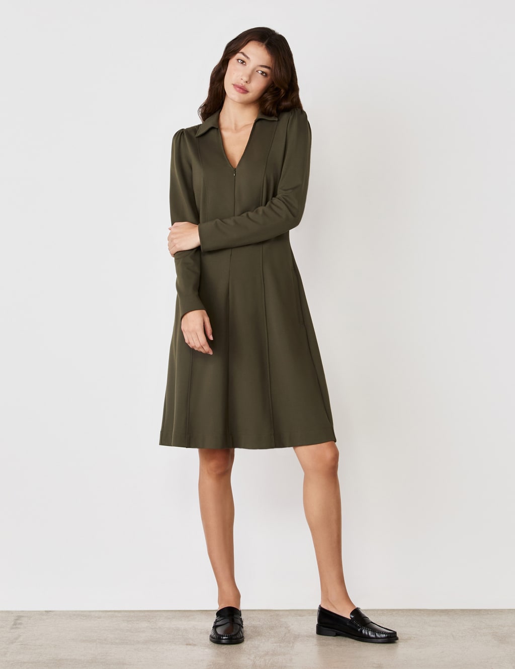 Ponte Jersey Collared Zip Front Knee Length Dress 3 of 4