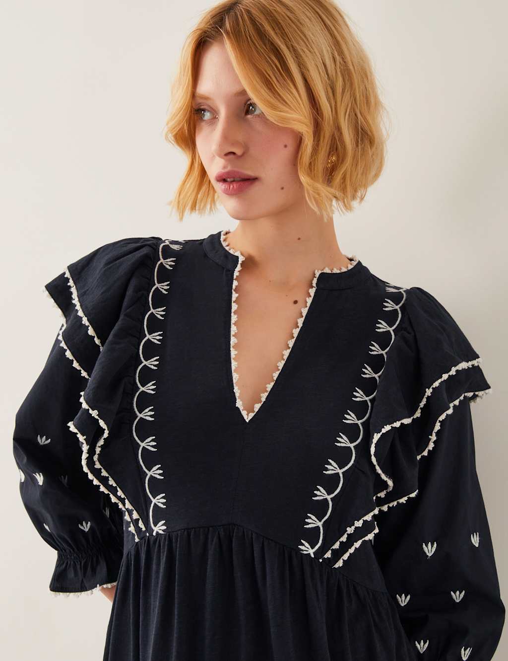 Pure Cotton Embroidered V-Neck Midi Tea Dress 2 of 4