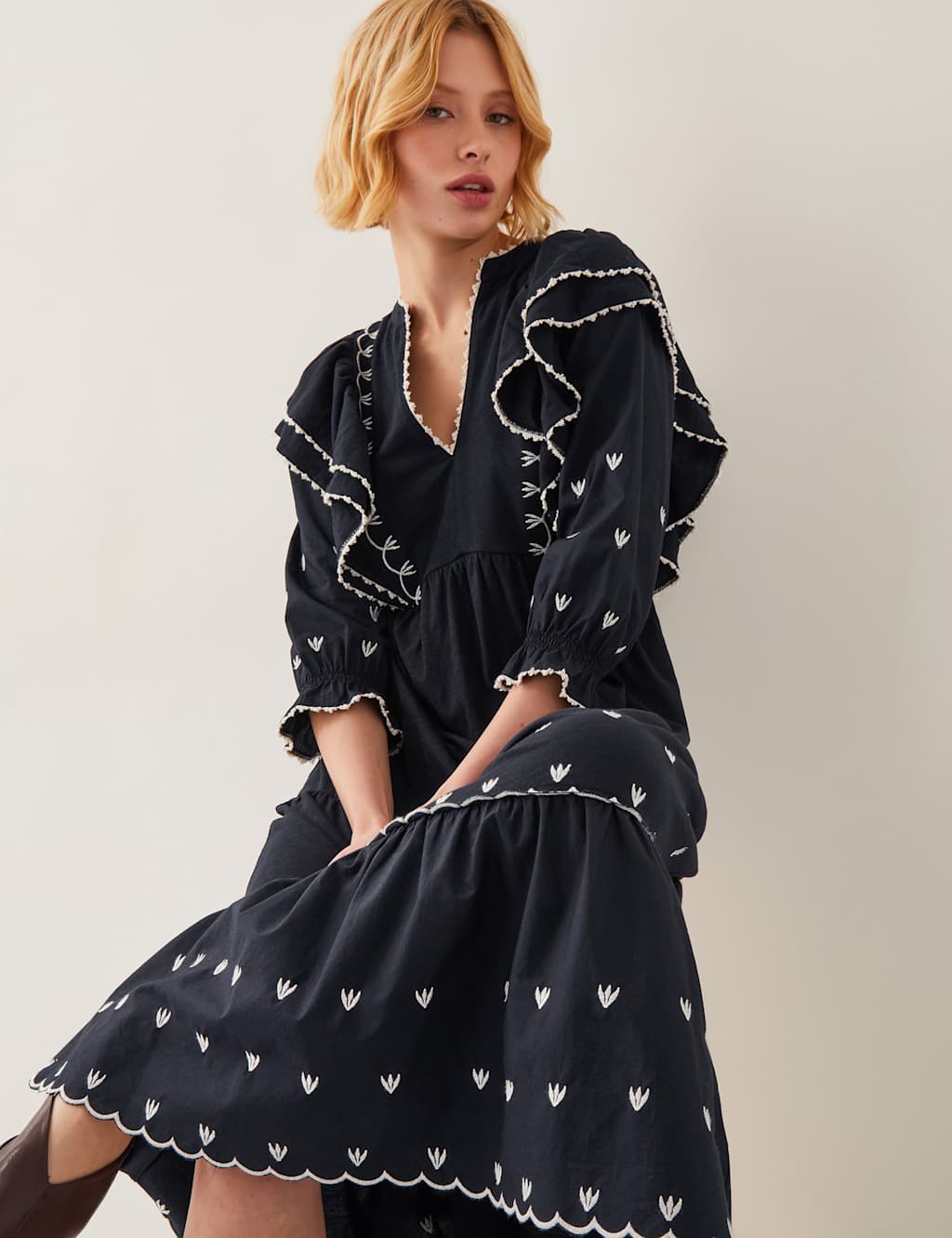Pure Cotton Embroidered V-Neck Midi Tea Dress 3 of 4