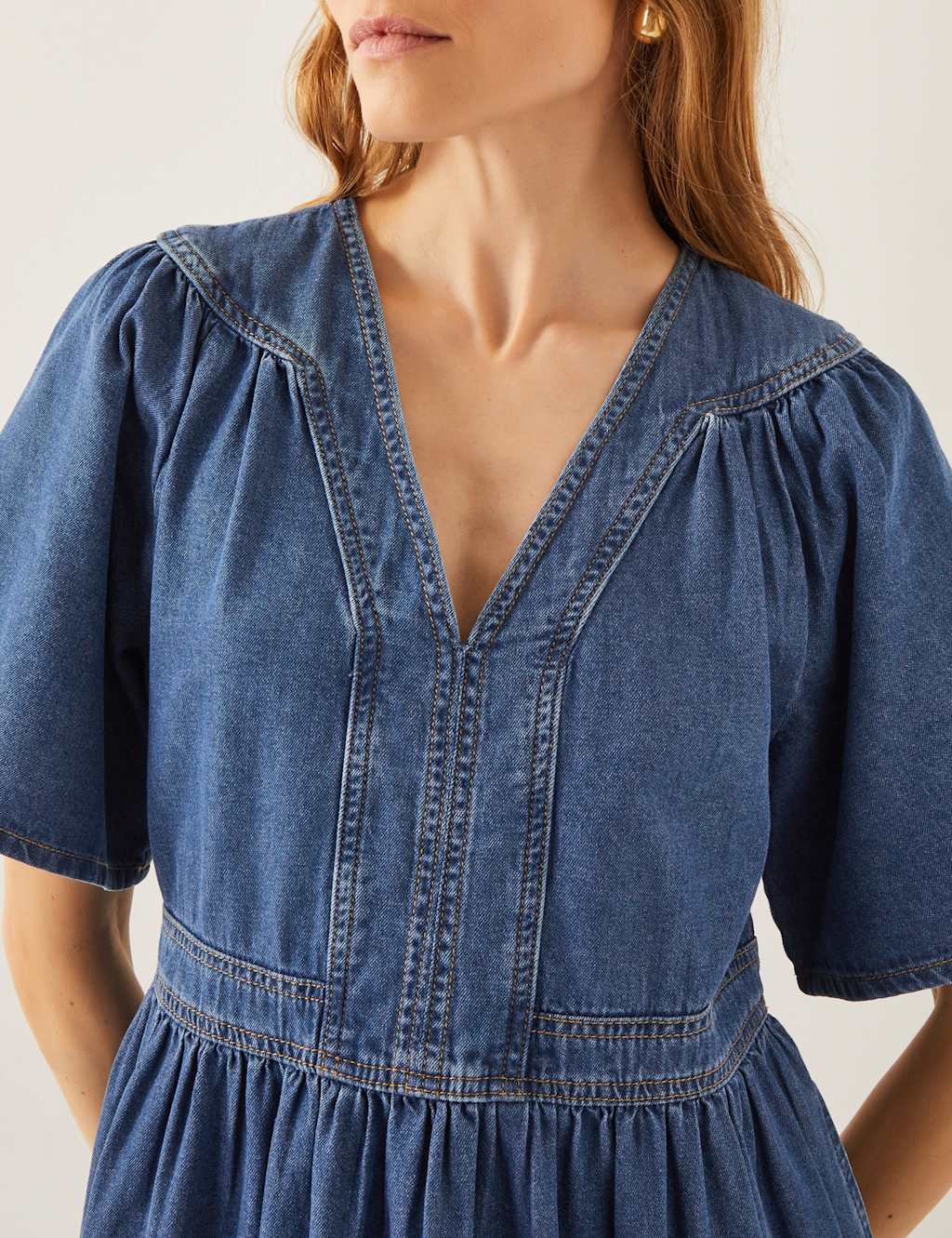 Denim V-Neck Midi Skater Dress 2 of 5