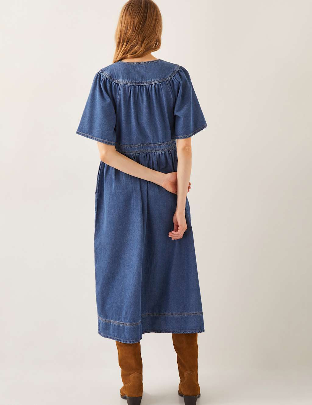 Denim V-Neck Midi Skater Dress 3 of 5