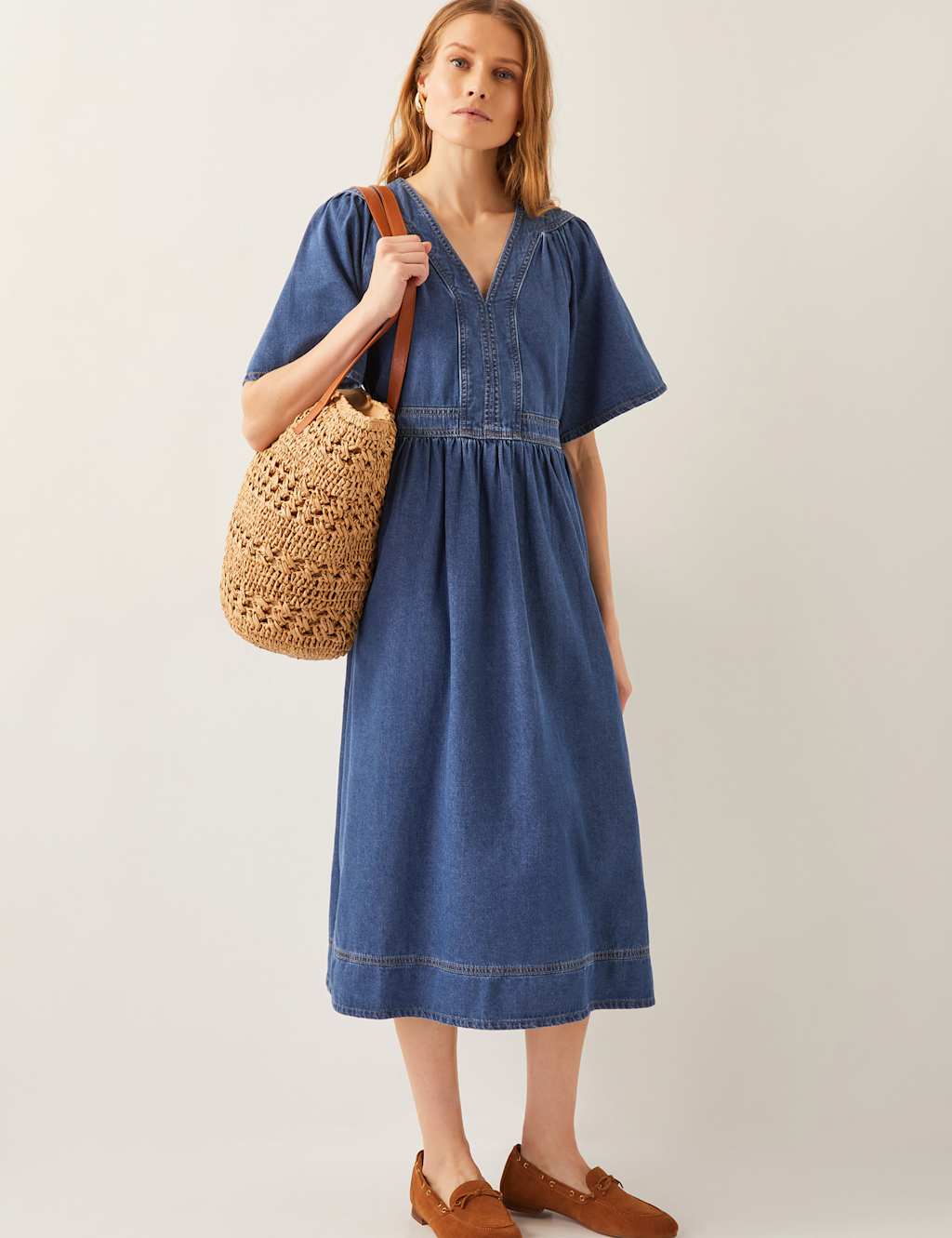 Denim V-Neck Midi Skater Dress 4 of 5