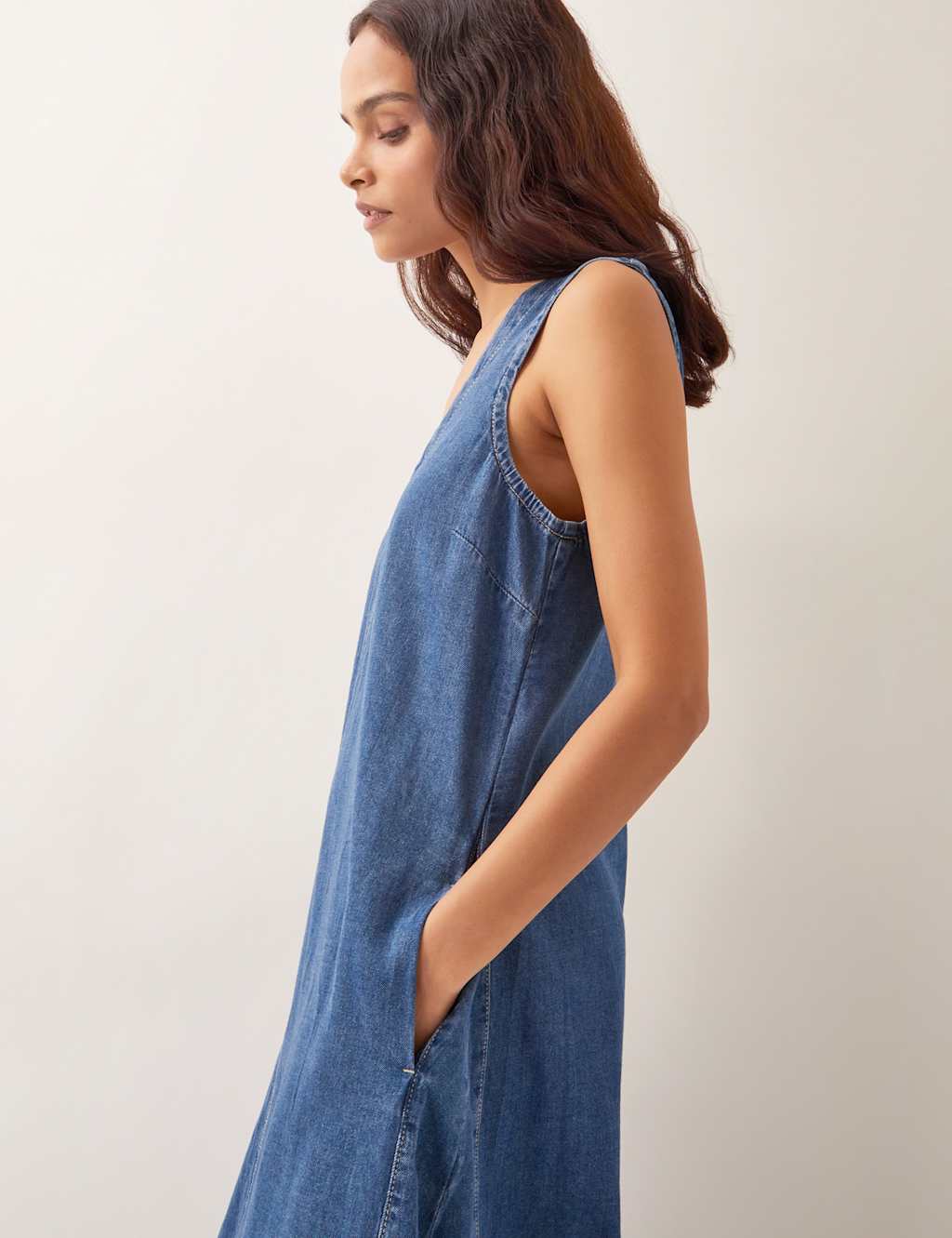 Denim V-Neck Midi Skater Dress 2 of 4