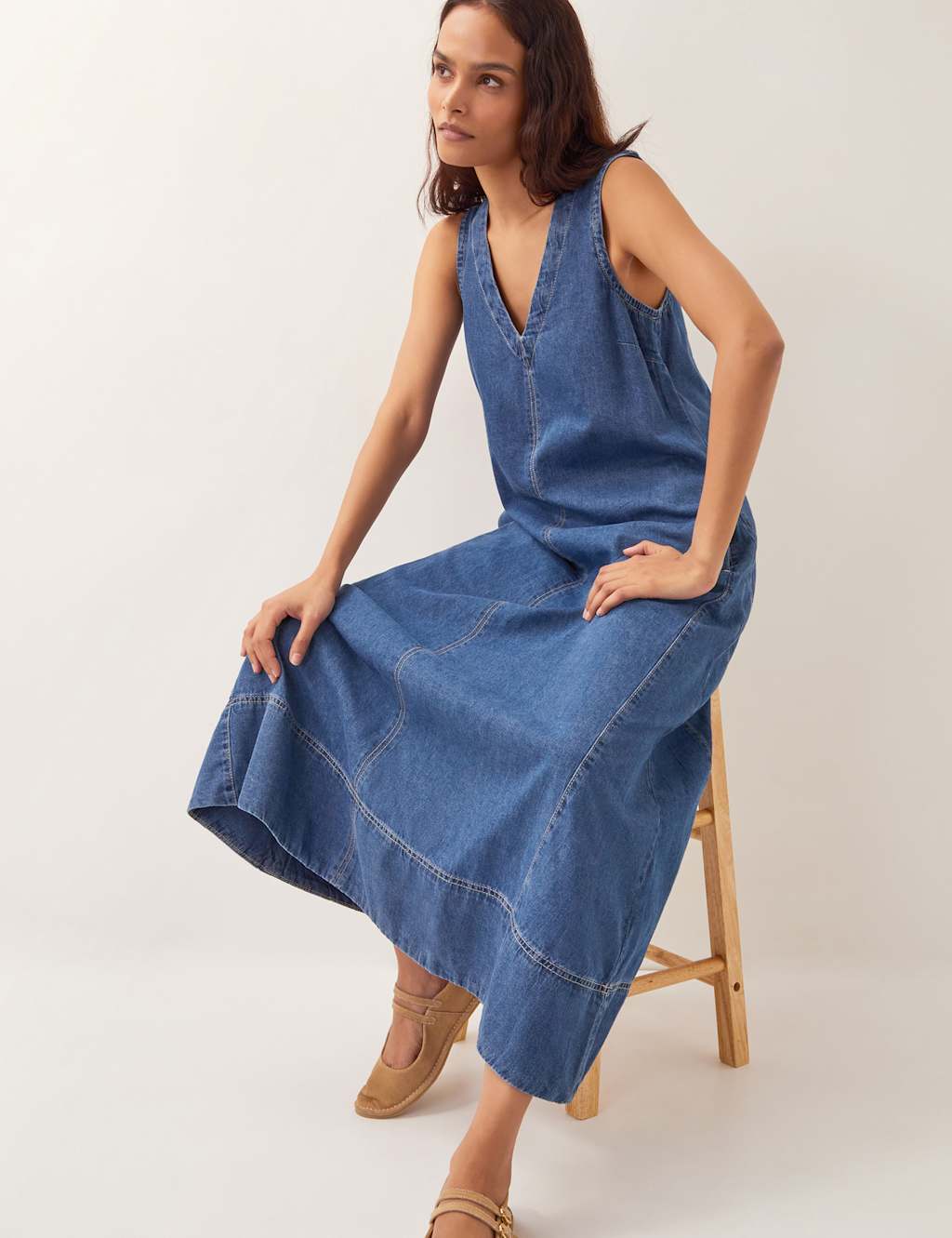 Denim V-Neck Midi Skater Dress 4 of 4