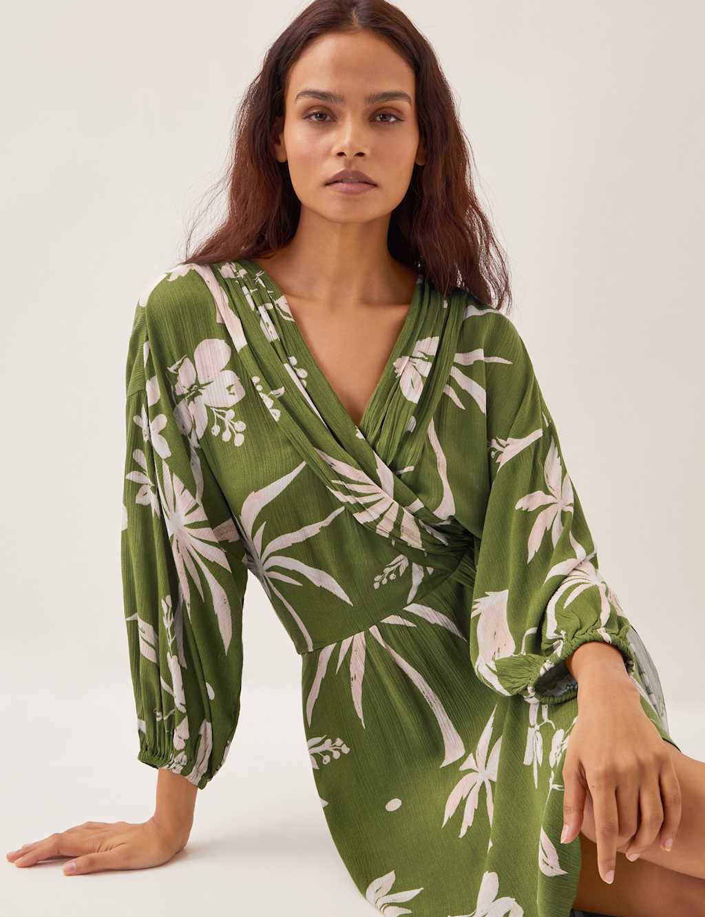 Printed V-Neck Knee Length Waisted Beach Dress 2 of 4