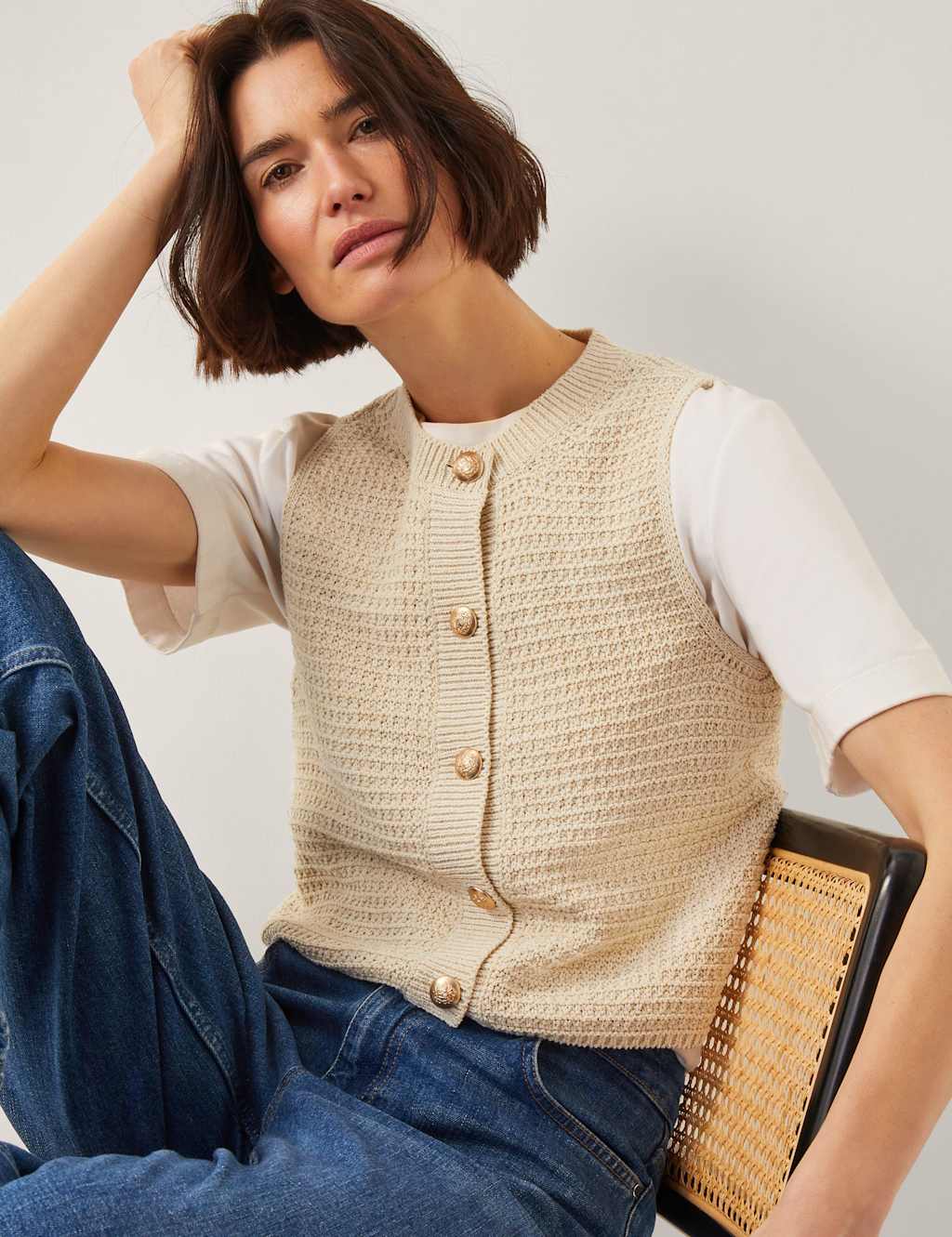 Cotton Rich Textured Button Through Vest 1 of 4