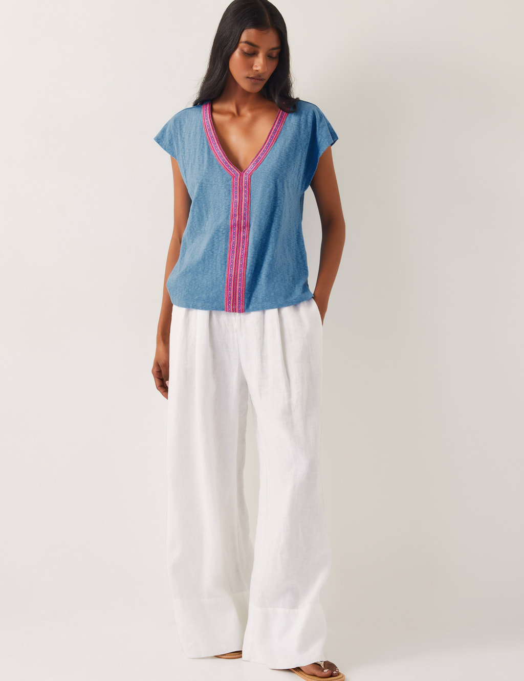 Jersey Embroidered V-Neck Cap Sleeve Top 2 of 3