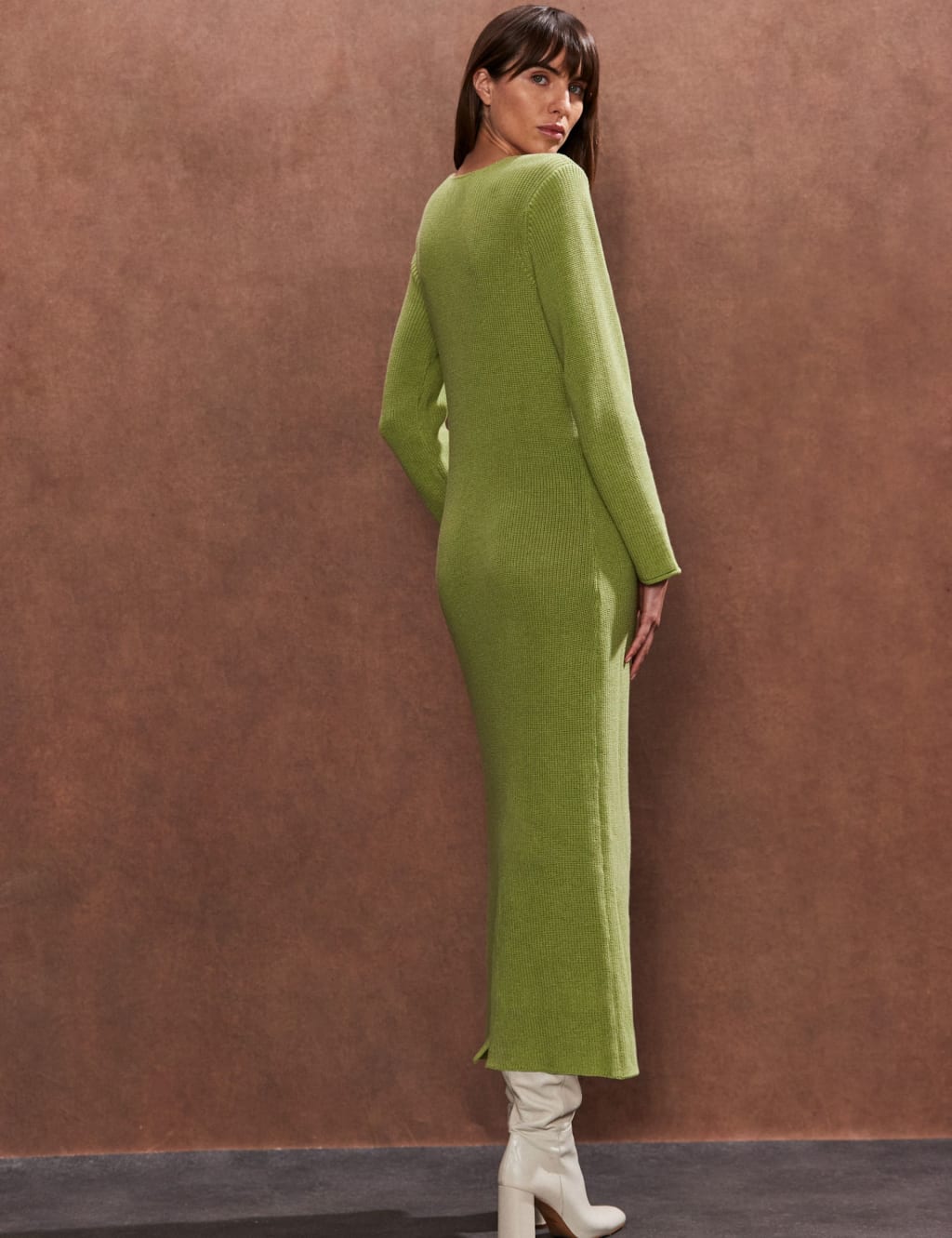 Cotton Rich Knitted V-Neck Midi Column Dress 2 of 4