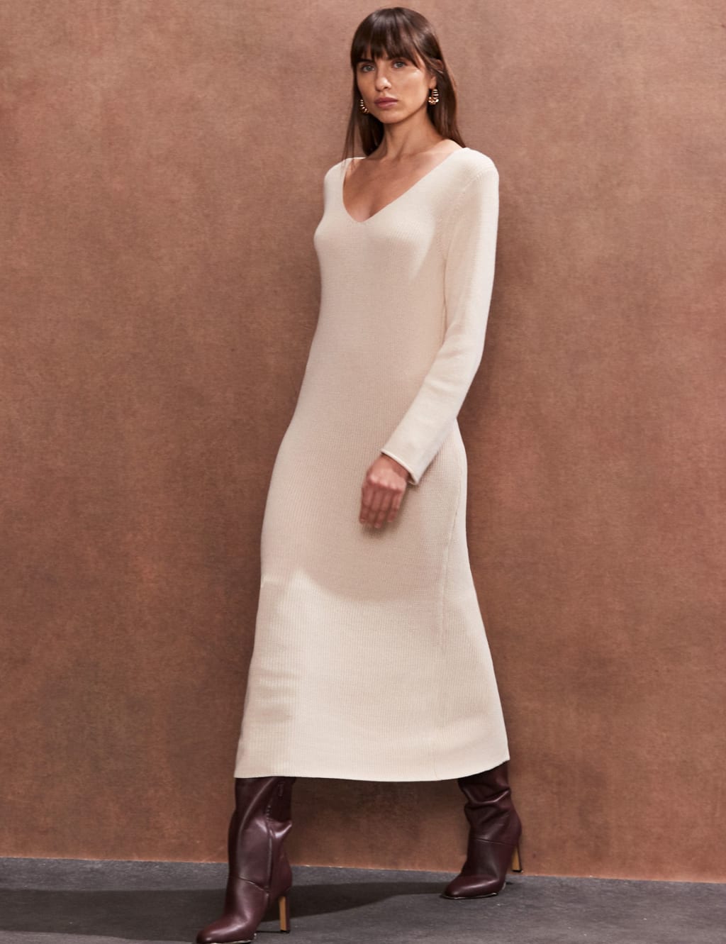 Cotton Rich Knitted V-Neck Midi Column Dress 3 of 4