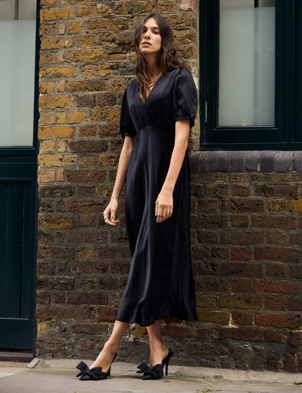 Satin V Neck Midi Skater Dress