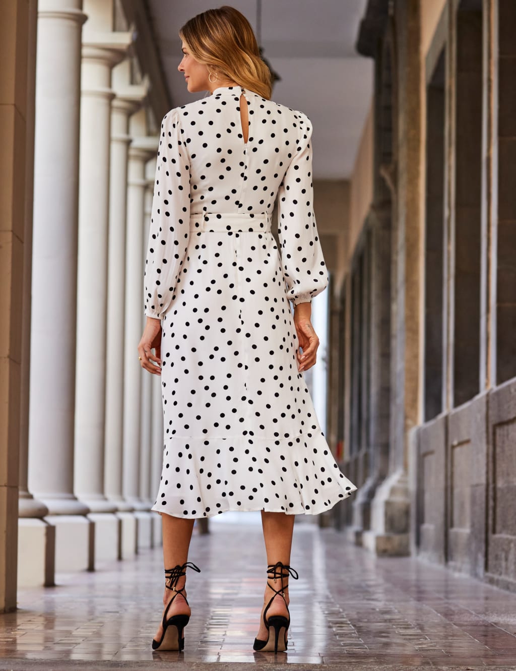 Polka Dot High Neck Belted Midi Skater Dress 3 of 6