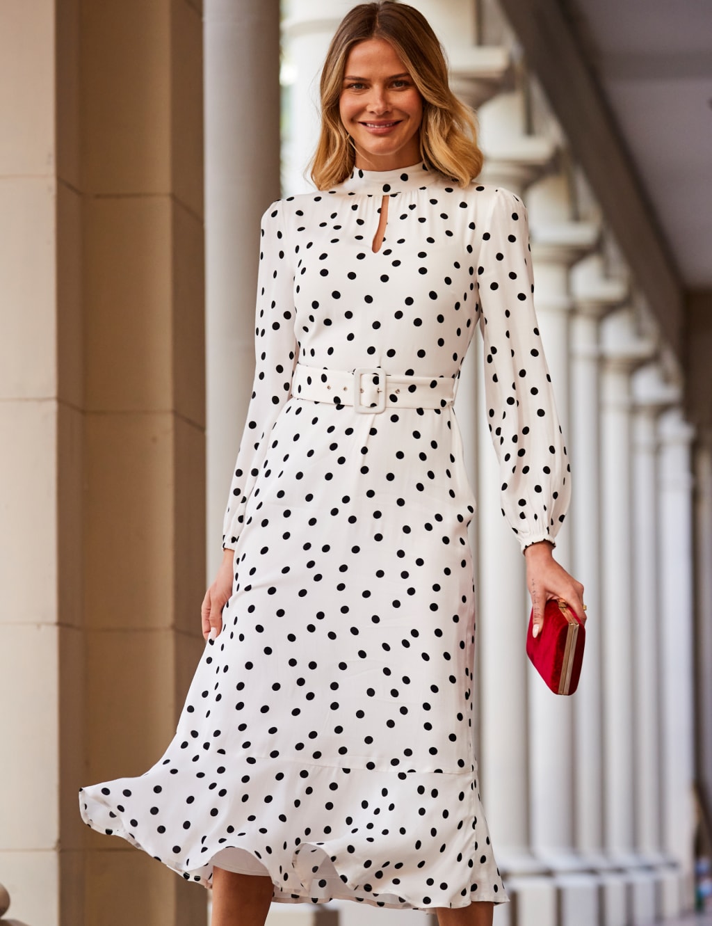 Polka Dot High Neck Belted Midi Skater Dress 4 of 6
