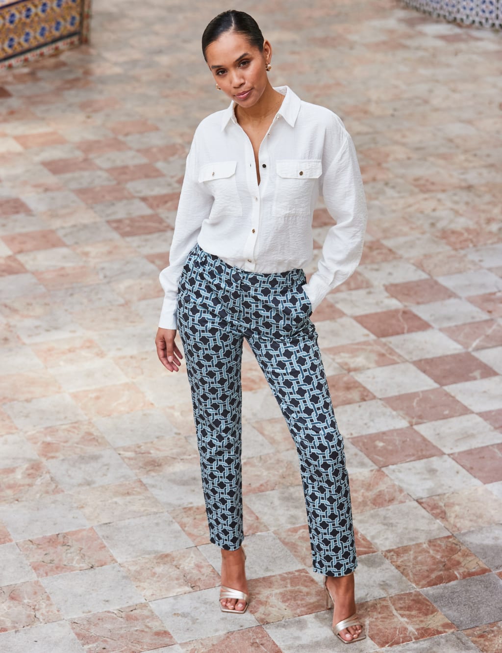 Cotton Rich Geometric Tapered Trousers 1 of 4