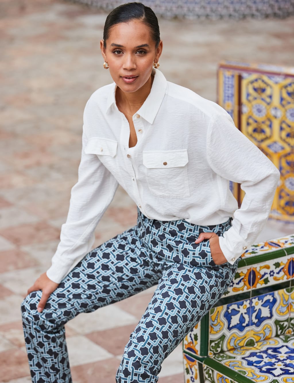 Cotton Rich Geometric Tapered Trousers 4 of 4