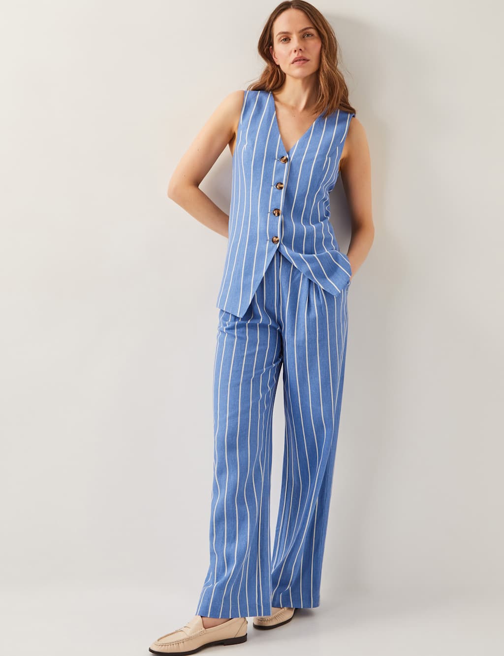 Linen Blend Striped Straight Leg Trousers 3 of 5