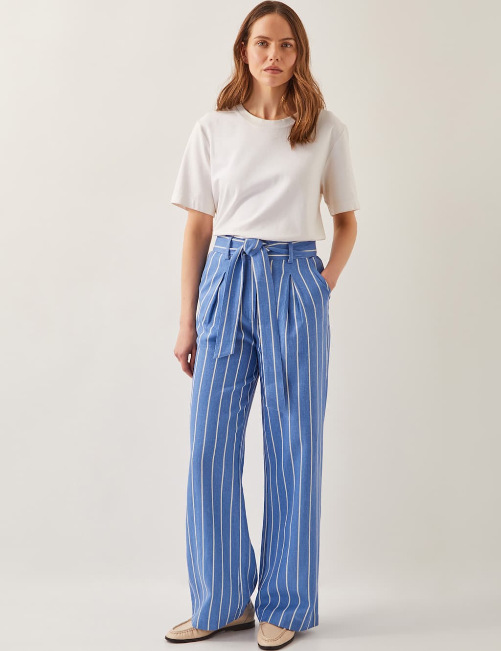 Linen Blend Striped Straight Leg Trousers 4 of 5