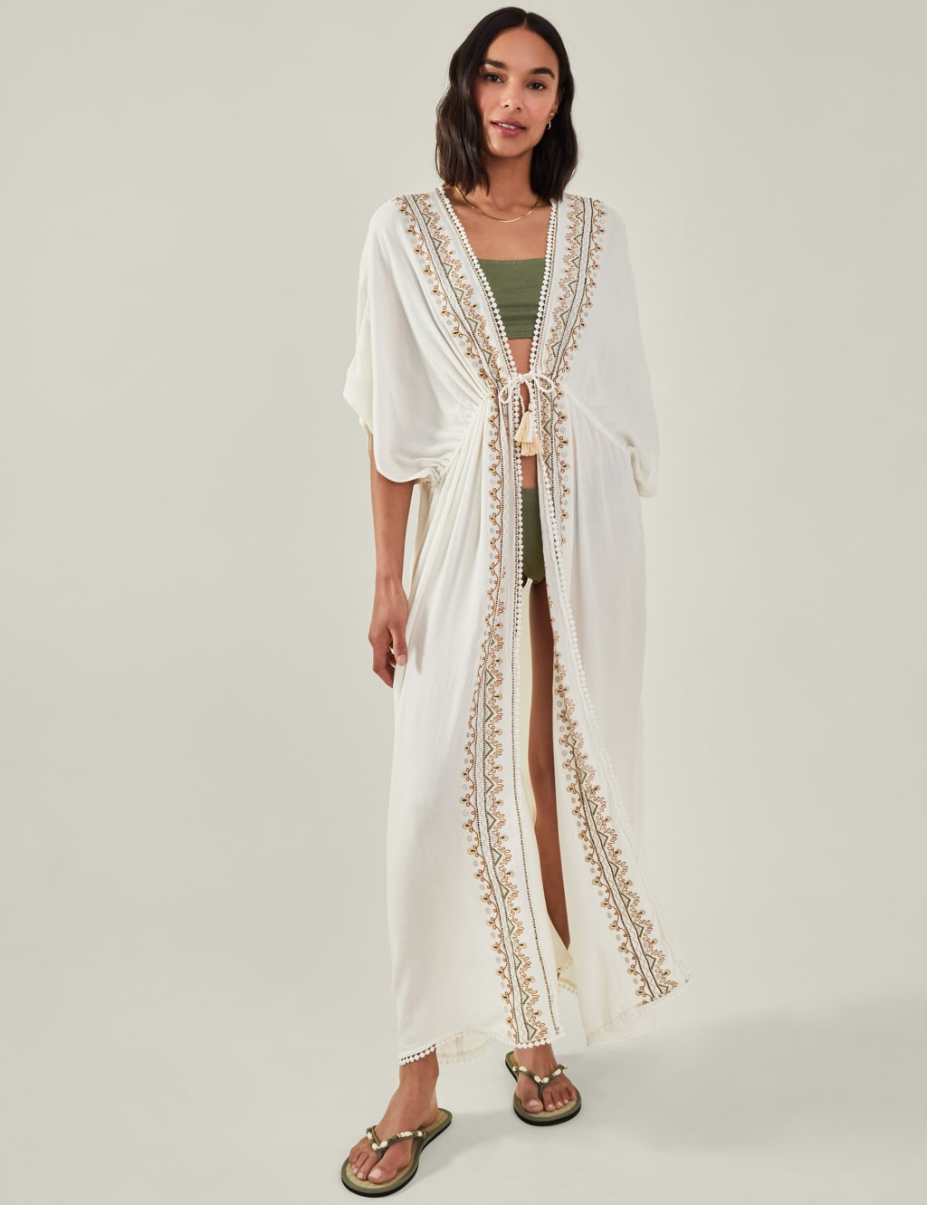 Embroidered Tie Front Maxi Kimono Dress
