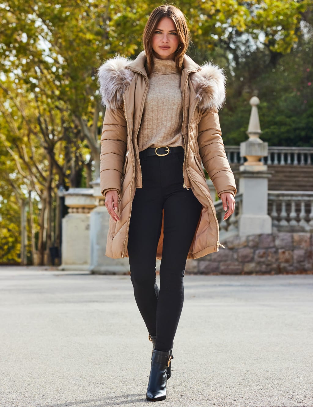 Faux Fur Padded Shawl Collar Puffer Coat