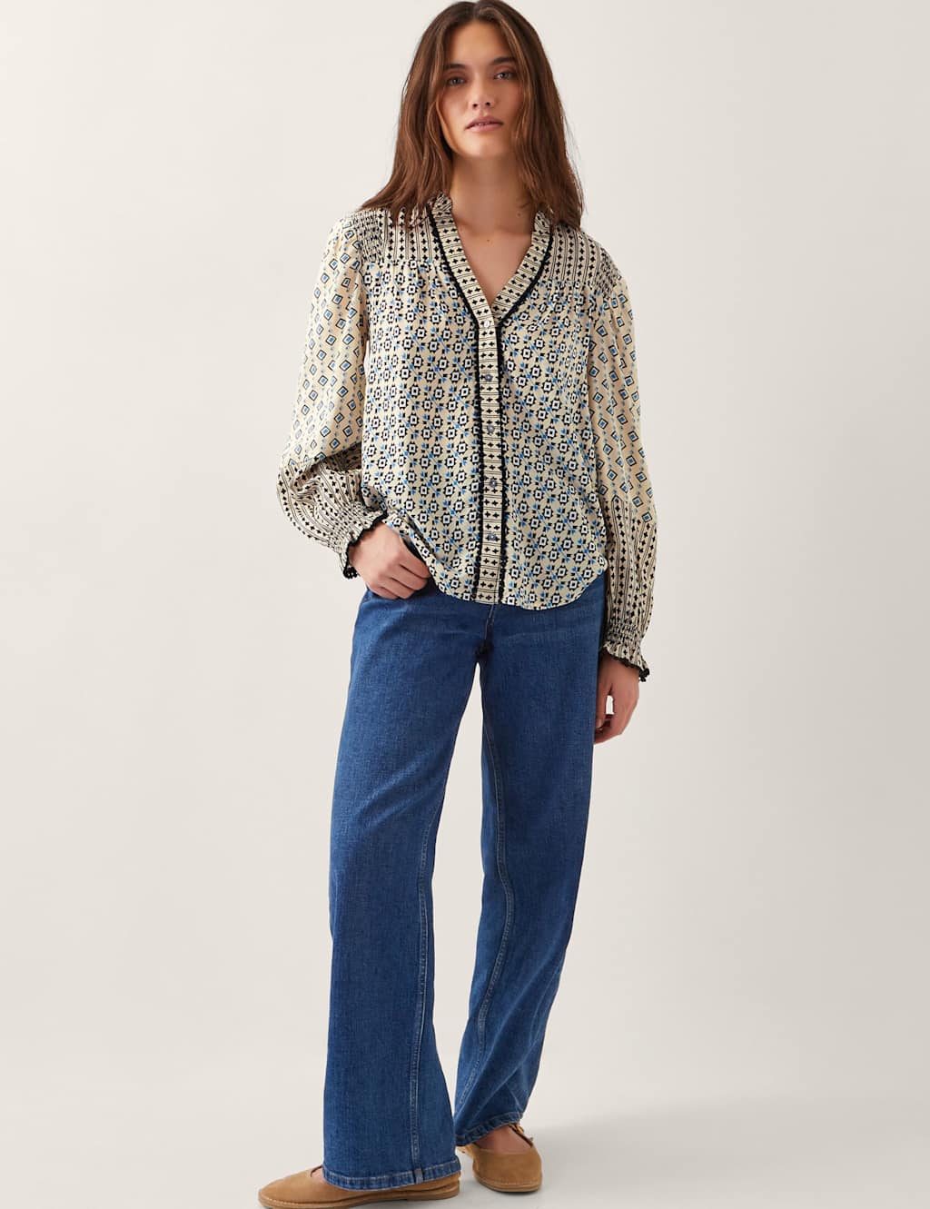 Printed V-Neck Blouson Sleeve Blouse 2 of 4