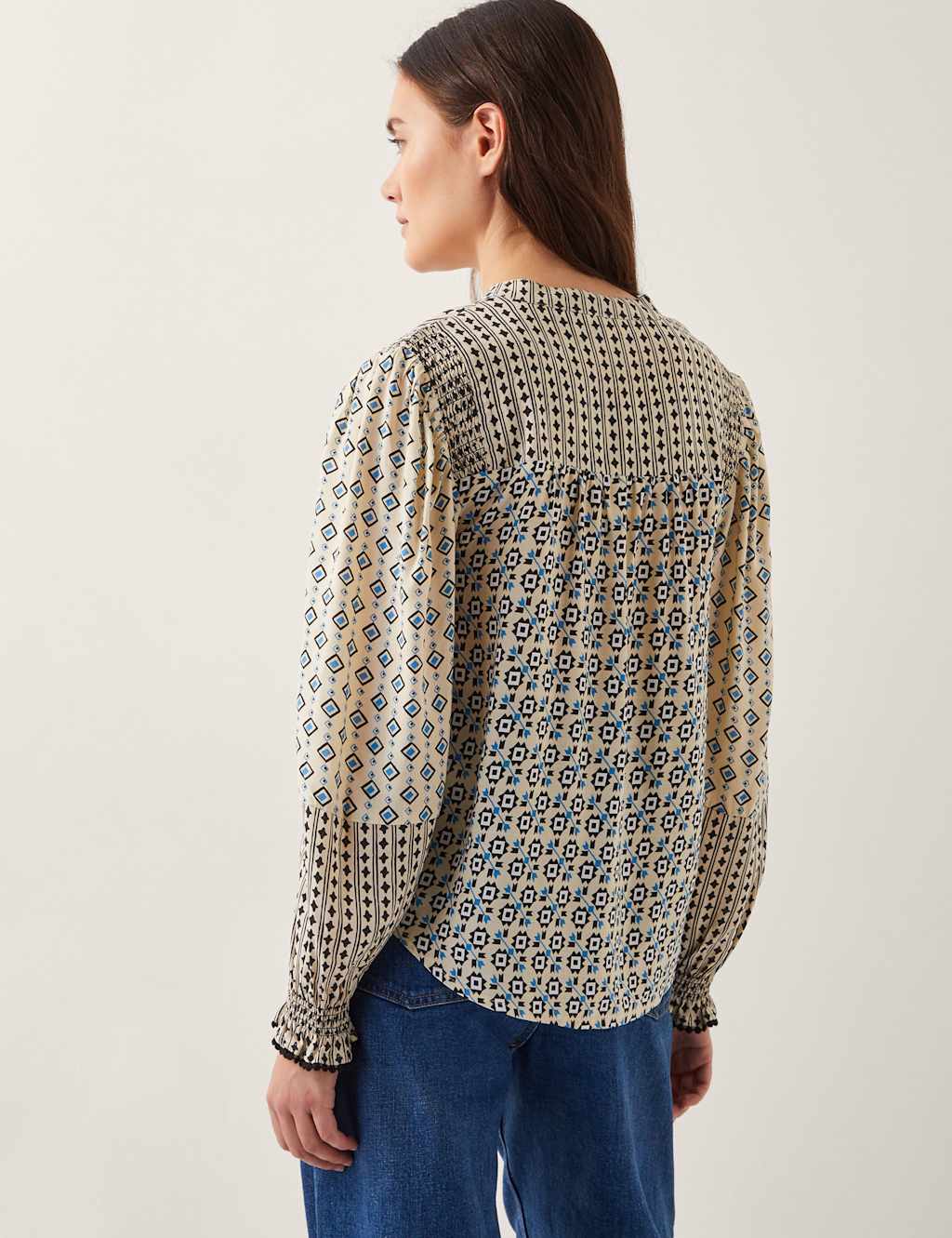Printed V-Neck Blouson Sleeve Blouse 4 of 4