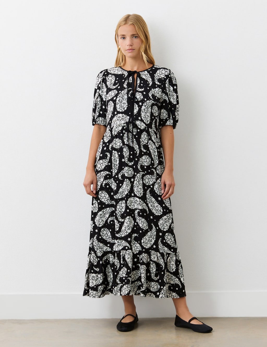 Crepe Paisley Tie Neck Midi Tiered Dress 1 of 4