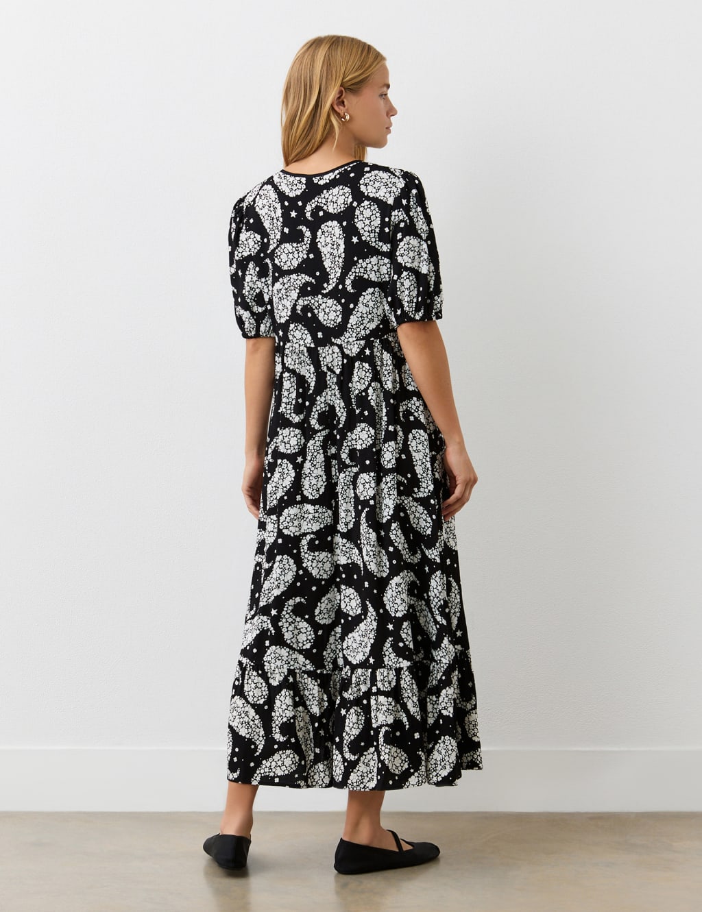 Crepe Paisley Tie Neck Midi Tiered Dress 2 of 4