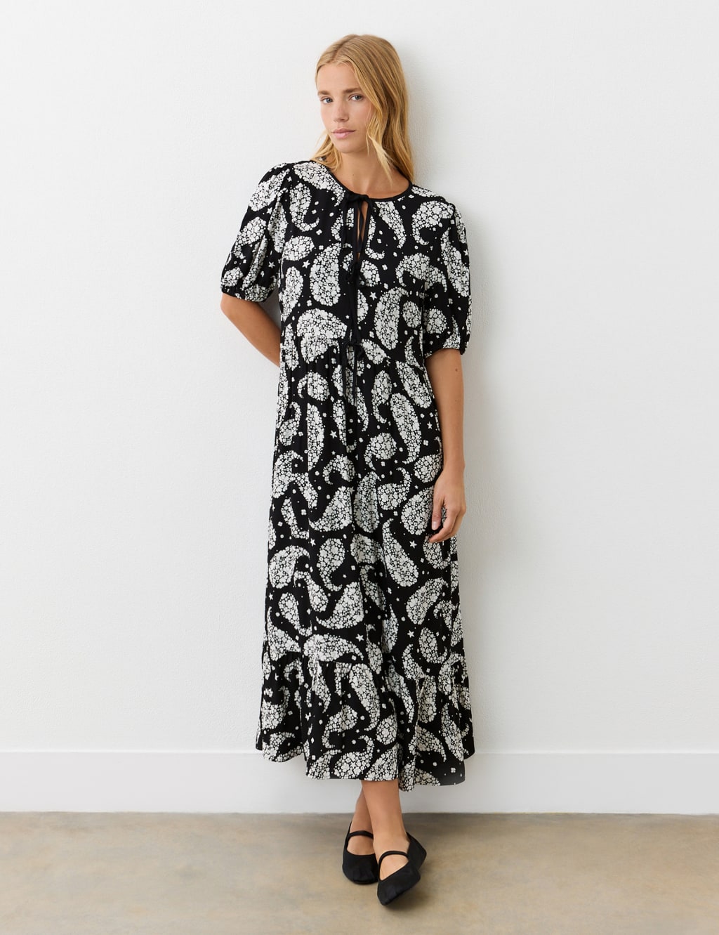 Crepe Paisley Tie Neck Midi Tiered Dress 3 of 4