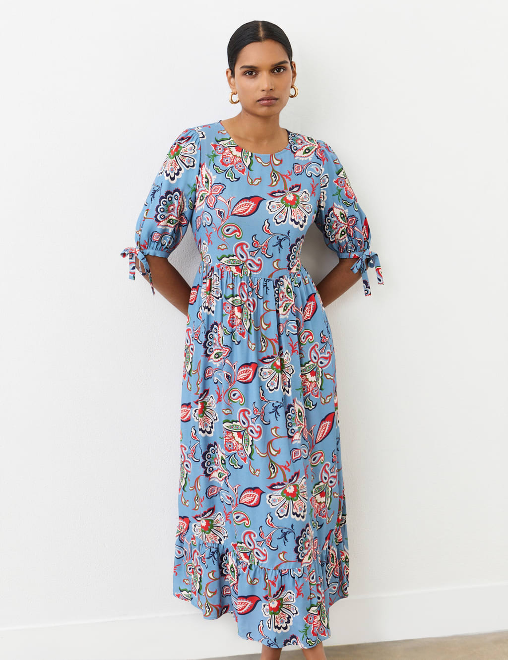 Crepe Floral Round Neck Midi Smock Dress 3 of 4