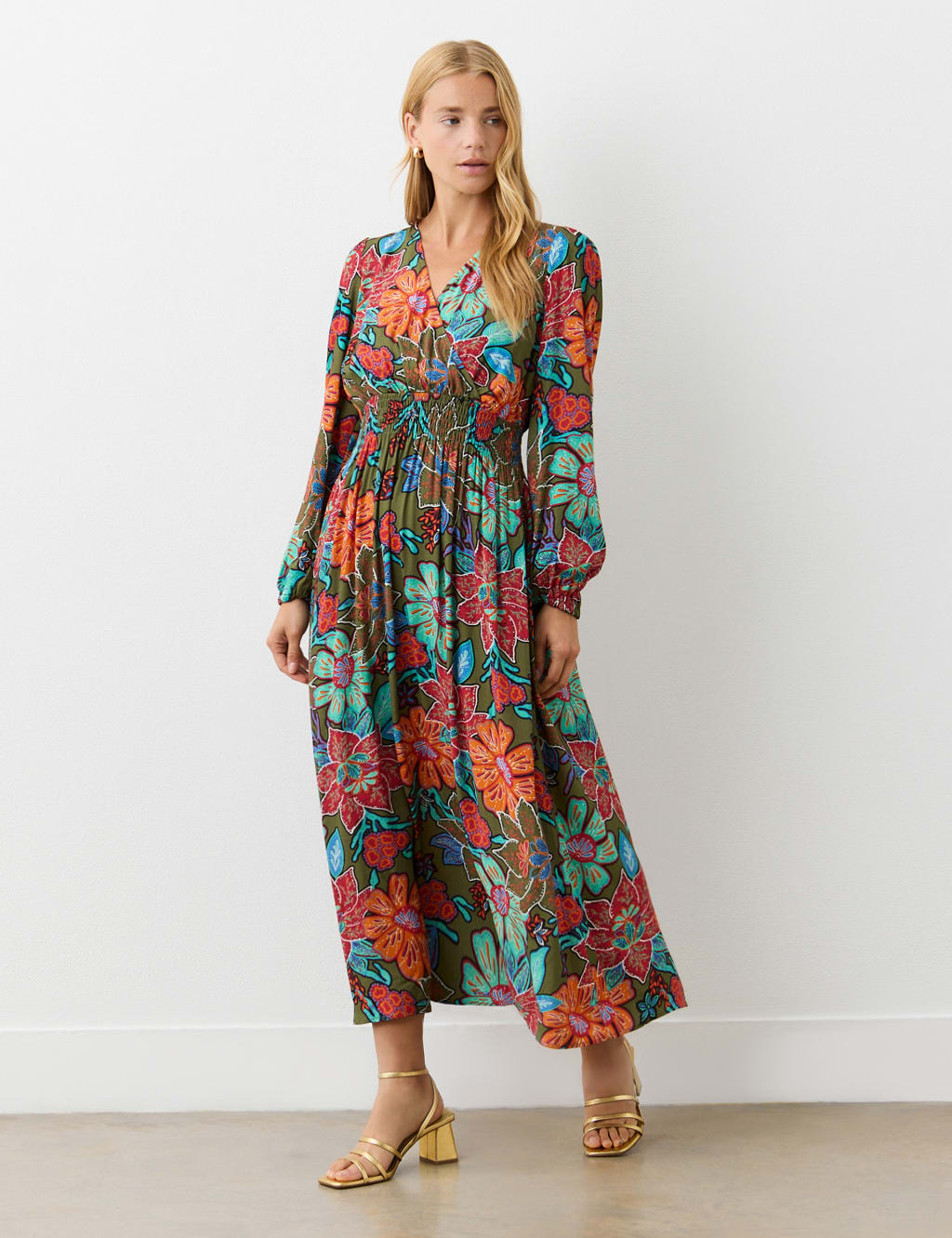 Crepe Floral V-Neck Midi Waisted Dress 1 of 4