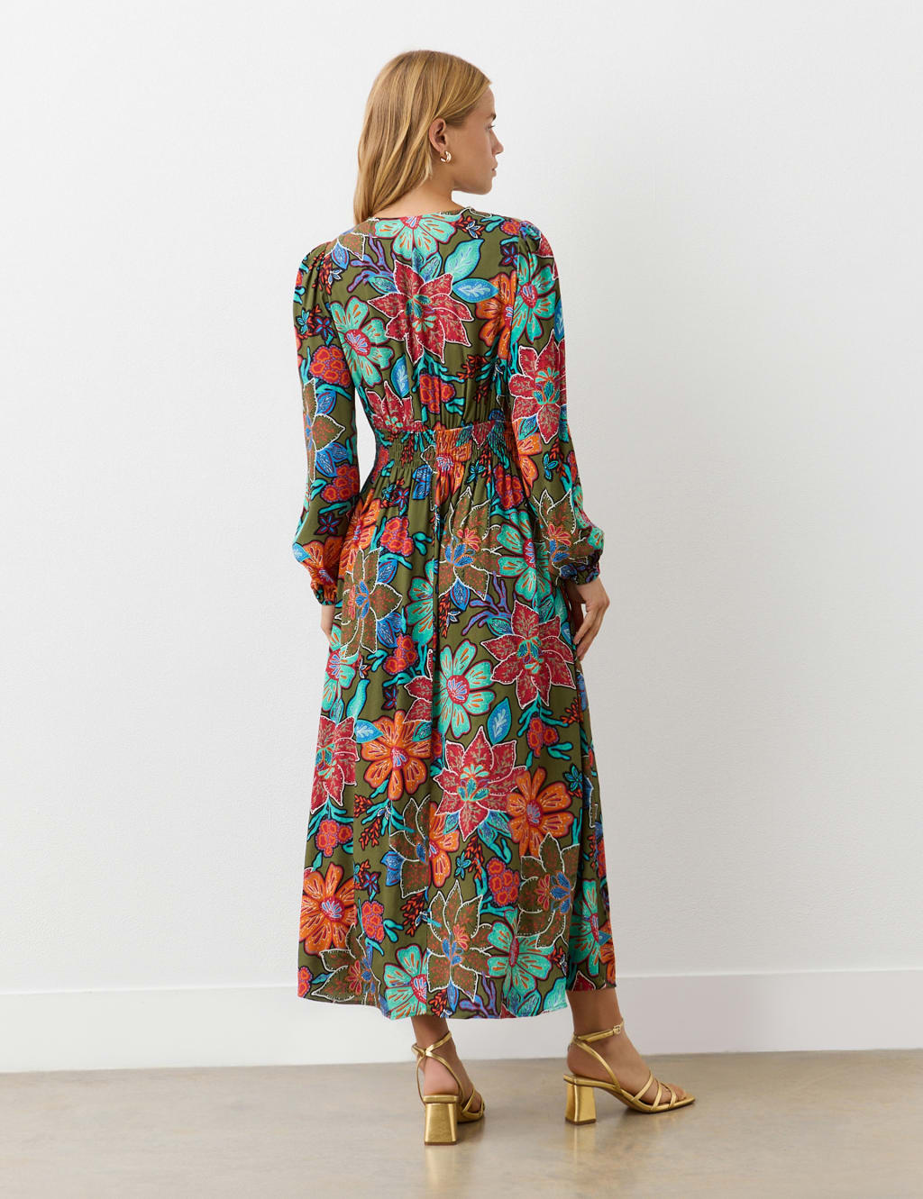Crepe Floral V-Neck Midi Waisted Dress 2 of 4