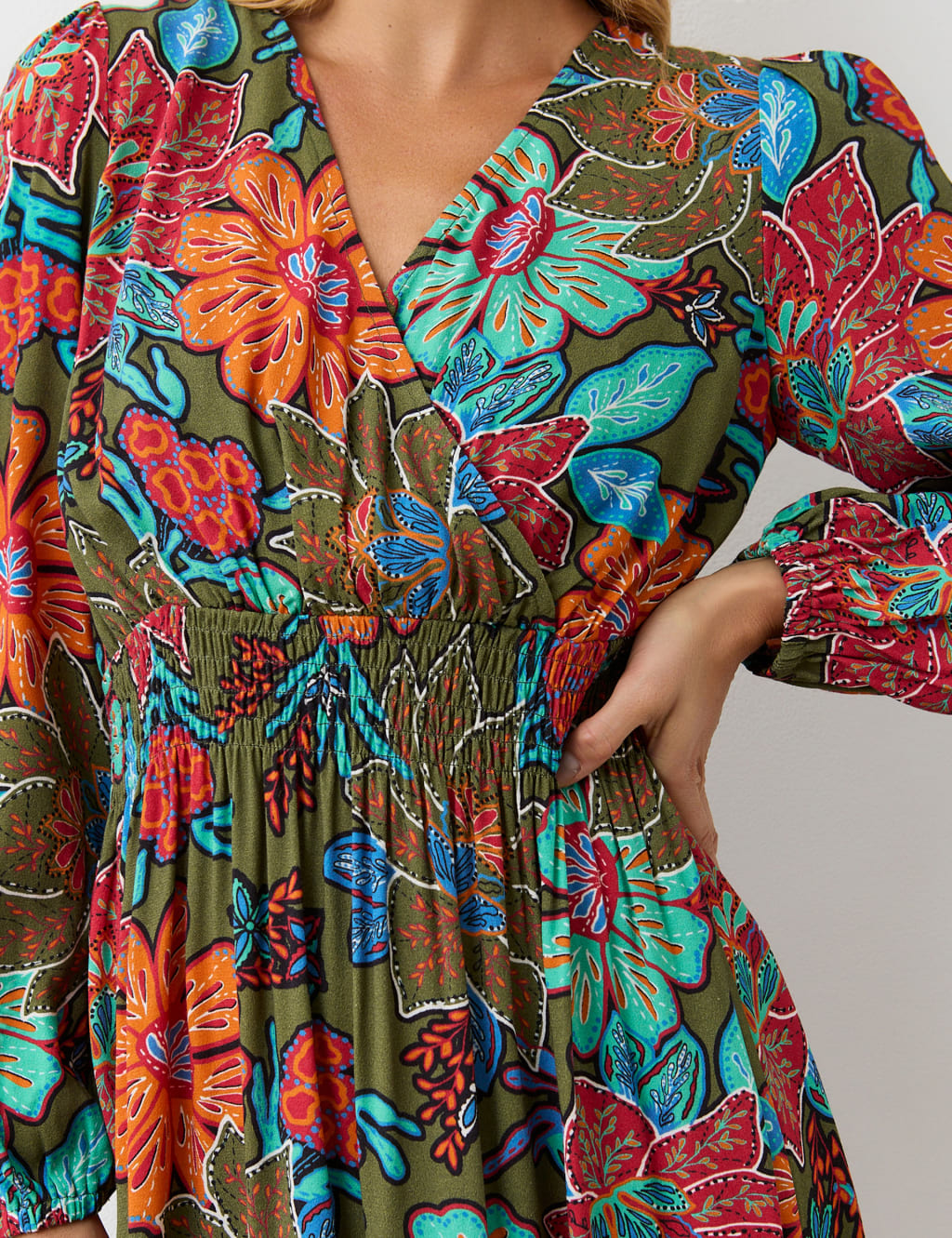 Crepe Floral V-Neck Midi Waisted Dress 3 of 4