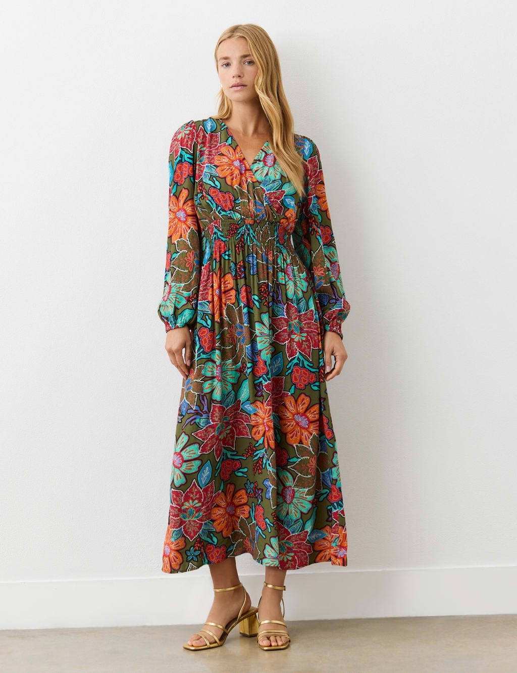 Crepe Floral V-Neck Midi Waisted Dress 4 of 4