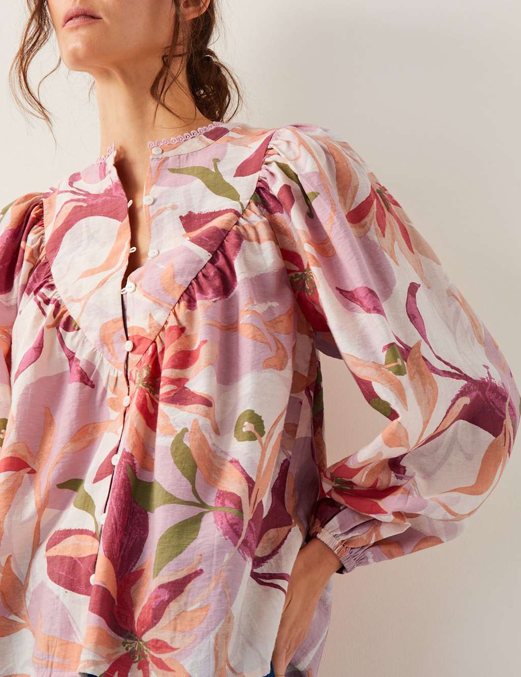 Floral Bib Front Blouson Sleeve Blouse 4 of 4