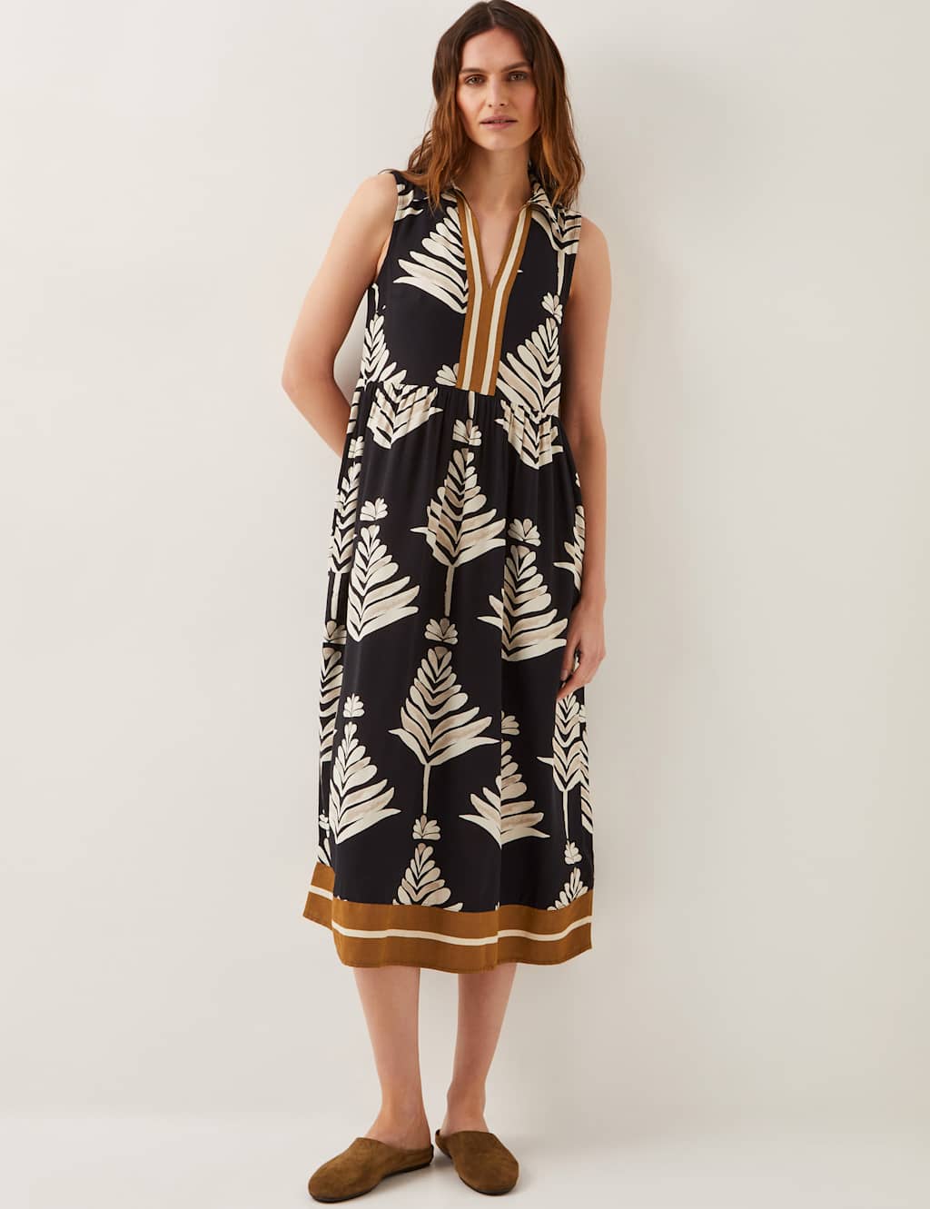 Leaf Print Collared V-Neck Midi Beach Dress With Linen 2 of 5
