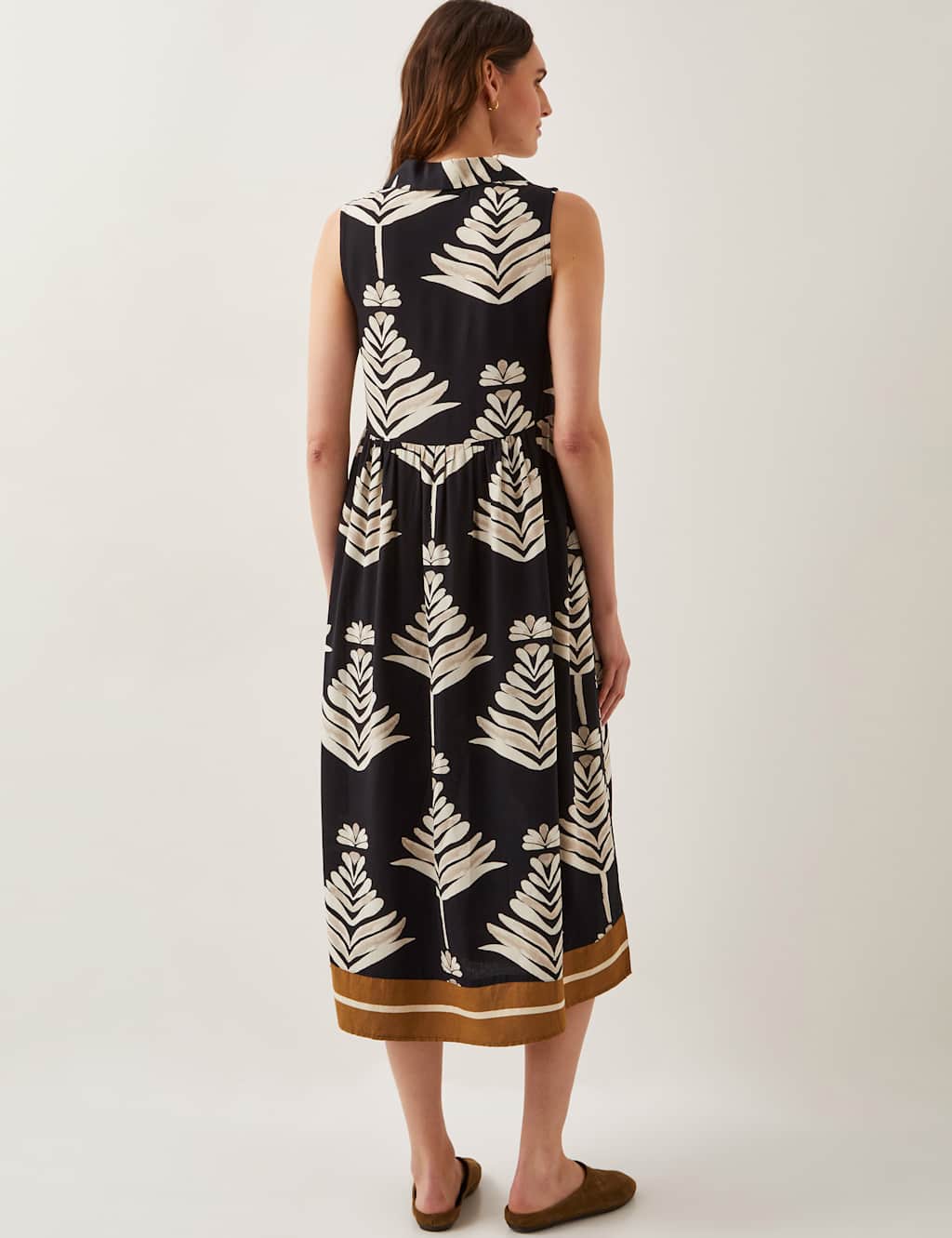 Leaf Print Collared V-Neck Midi Beach Dress With Linen 4 of 5