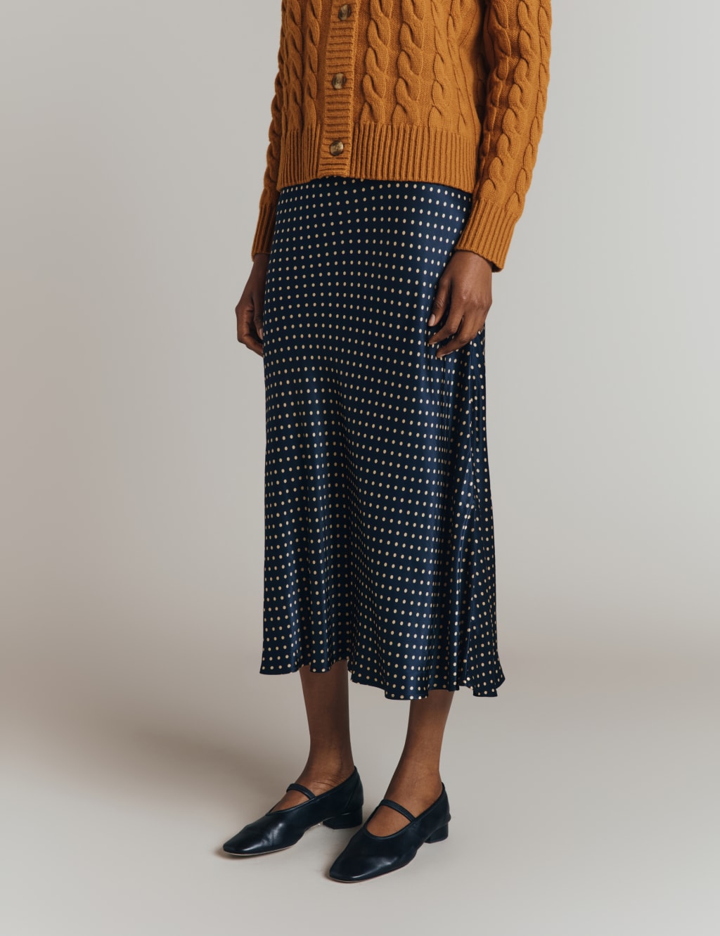 Satin Polka Dot Midi Slip Skirt