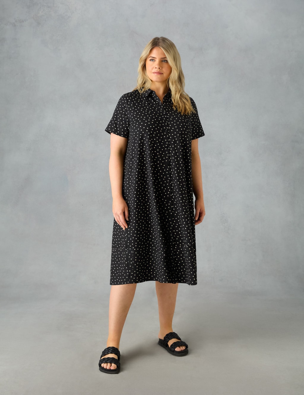 Jersey Polka Dot Knee Length Shirt Dress