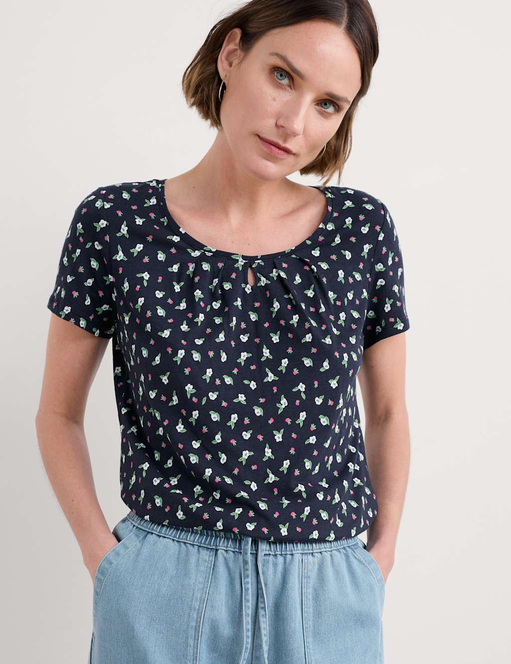 Pure Cotton Floral Keyhole T-Shirt 3 of 4
