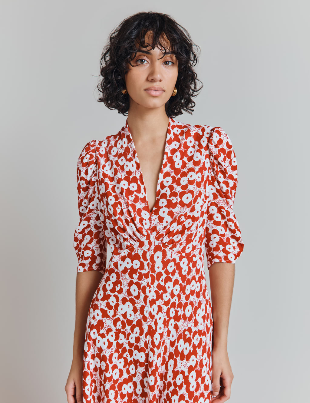 Crepe Polka Dot V-Neck Midi Tea Dress 3 of 5