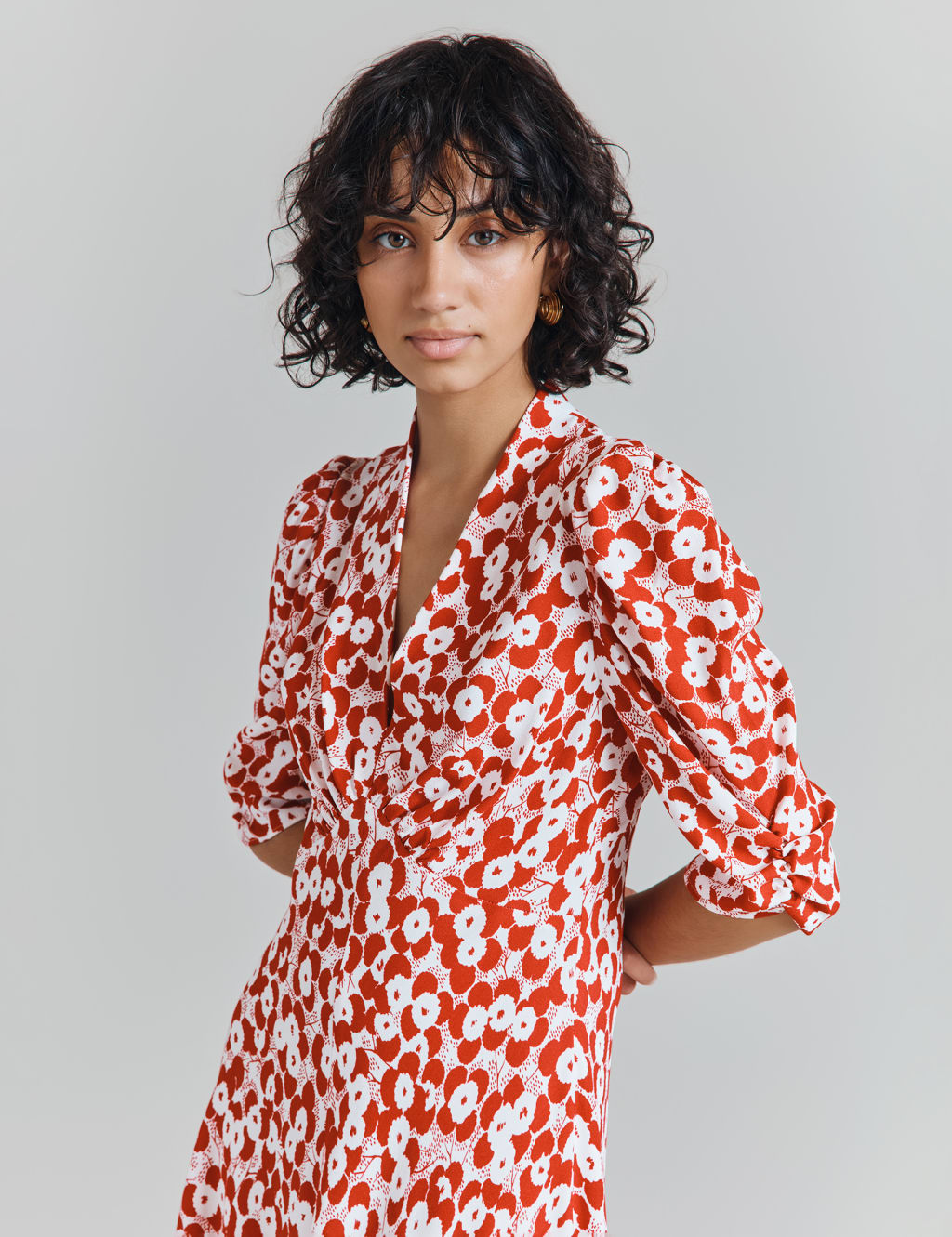 Crepe Polka Dot V-Neck Midi Tea Dress 4 of 5