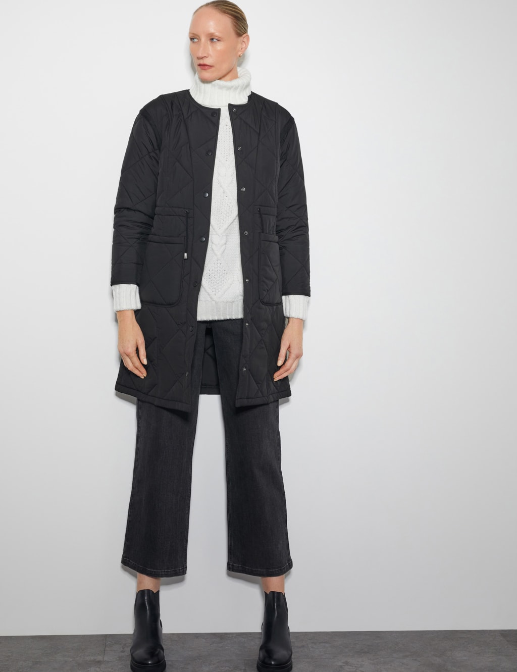 Quilted Waisted Collarless Coat